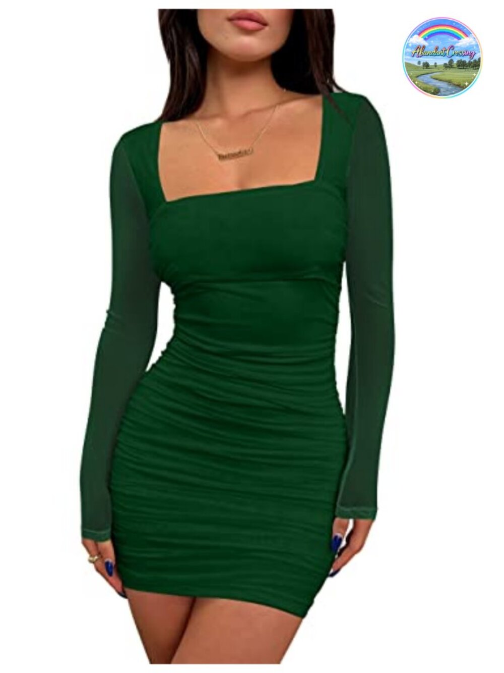 Women's Ruched Bodycon Mini Dress Long Sleeve Mesh Sheer Club Party